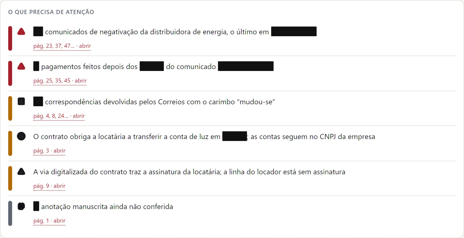 Painel do sistema listando o que precisa de atenção na pasta: avisos de negativação, pagamentos atrasados e cartas devolvidas, cada item com a página de origem.