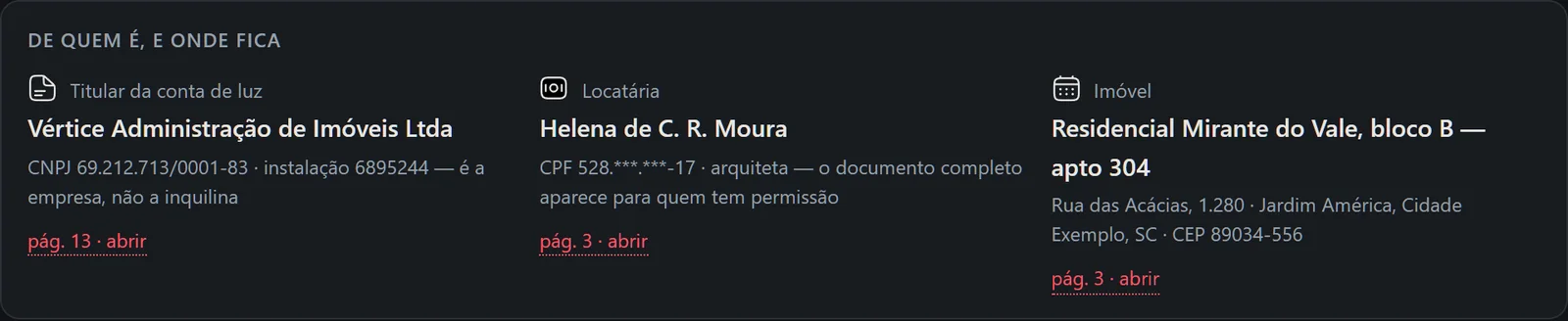 Quem é o titular, quem mora e onde fica, lido direto dos documentos